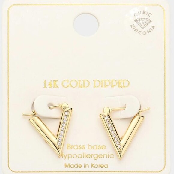 14K GOLD RHINESTONE TRIANGLE EARRINGS - Picture 1 of 1